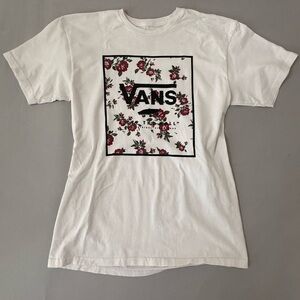 Vans Floral White Logo T-Shirt with Red Floral Design size medium